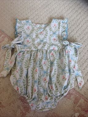 Floral Bow-Print Baby One-Piece Romper in Light Blue & Green